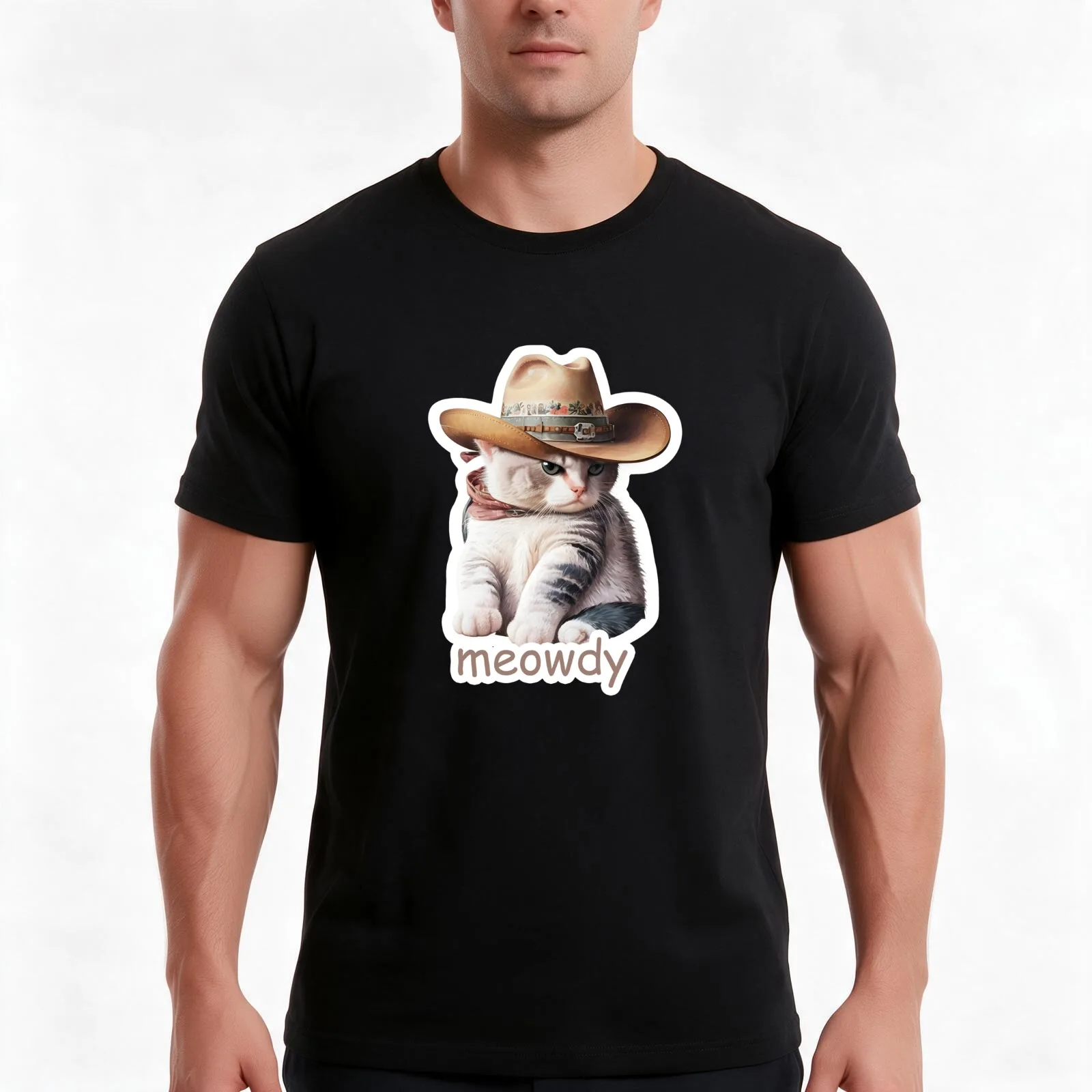 Meowdy Partner Cat Wearing a Cowboy Hat T-Shirt, Summer Casual Cotton Tee, Oversized Streetwear Tops, Vintage Graphic Print