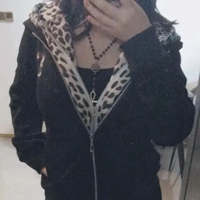 

Kimotimo Y2k Leopard Print Patchwork Hoodie Women Vintage Slim Fit Zipper Short Jacket Tops Autumn Versatile Sweatshirt Harajuku