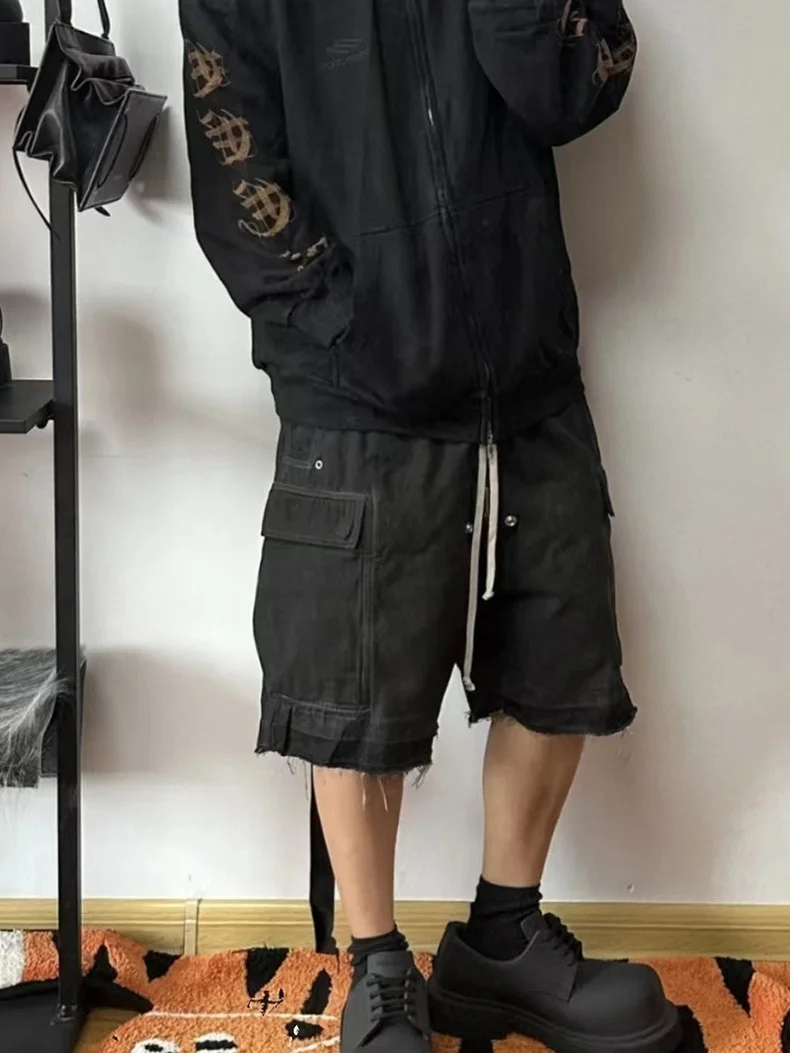 

Waed Denim Cargo orts Casual e ey Workwear Sle Mid-High Waist Straight Leg Five-Quarter Length Teen Boys Jeans