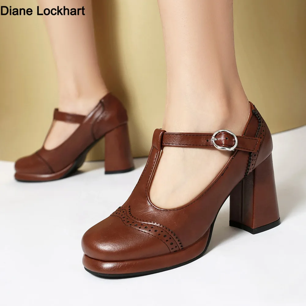 

Spring New Women T-belt Strap Pumps Shoes Platform Round Toe Thick Square Heel PU Leather High heels Buckle Brown Black