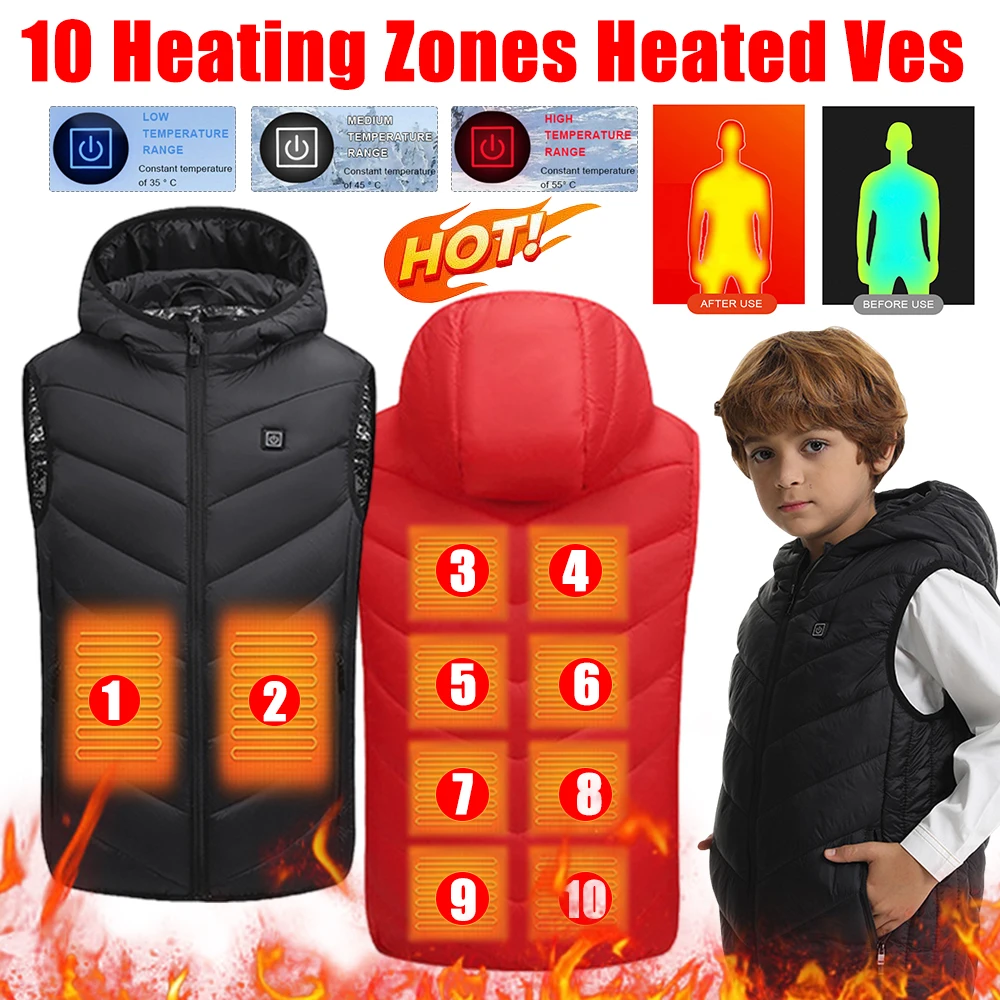 10 Zones Electric Heated Jackets USB Instant Warmth Heated Vest Waistcoat Thermal Winter Warm Jacket for Kids Boys Girls Outdoor