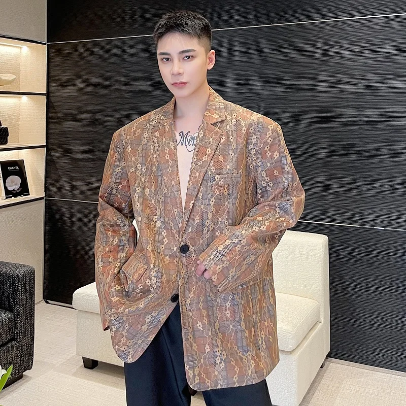 

Spring Season Men's Cheered Lace Embroidered Cosite Woolen Jaet Cool And Haome Suit Outerwear Trendy High End Feeling