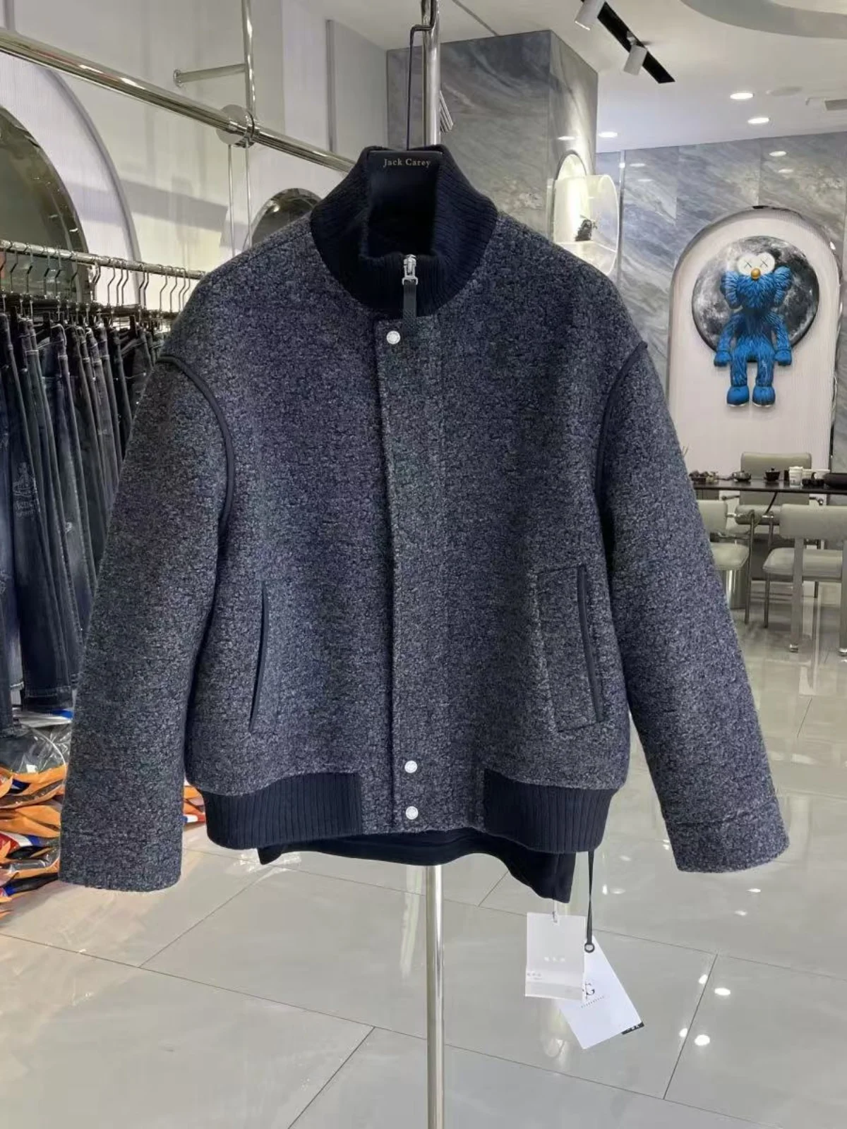 

Winter 2024 Men's Faionable Tweed Jaet Stand Collar Warmth Color Blo High-End Feelings Cold Resistance Sli Trendy