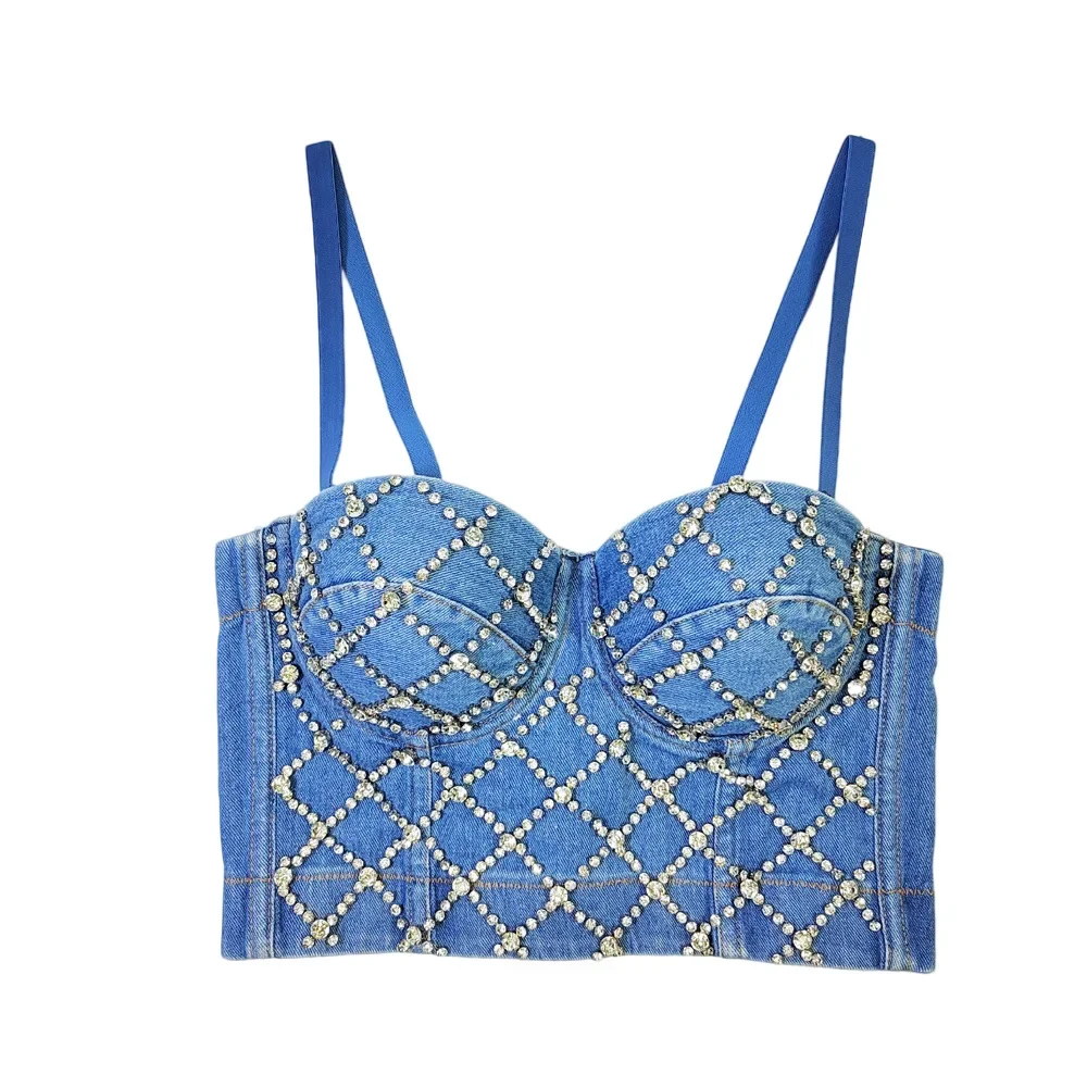 

Sexy Denim Corset Bustier Strap Bras Push Up Gridding Sparkling Diamond Women's Crop Top One-pieces Underwire Gothic Corset
