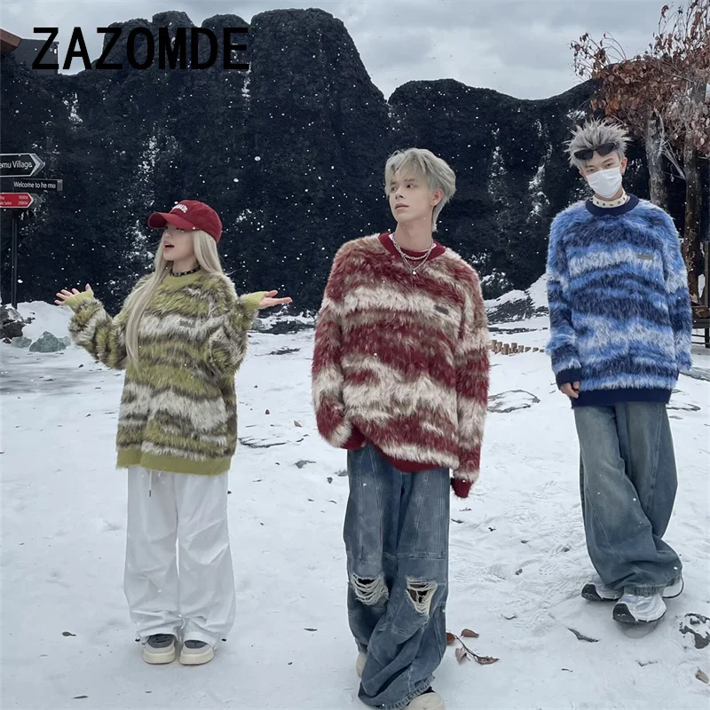 ZAZOMDE New Striped American Style Street Knitted Sweaters Top For Men Women Trendy Casual Couple Knitwear Sweater Clothing Men