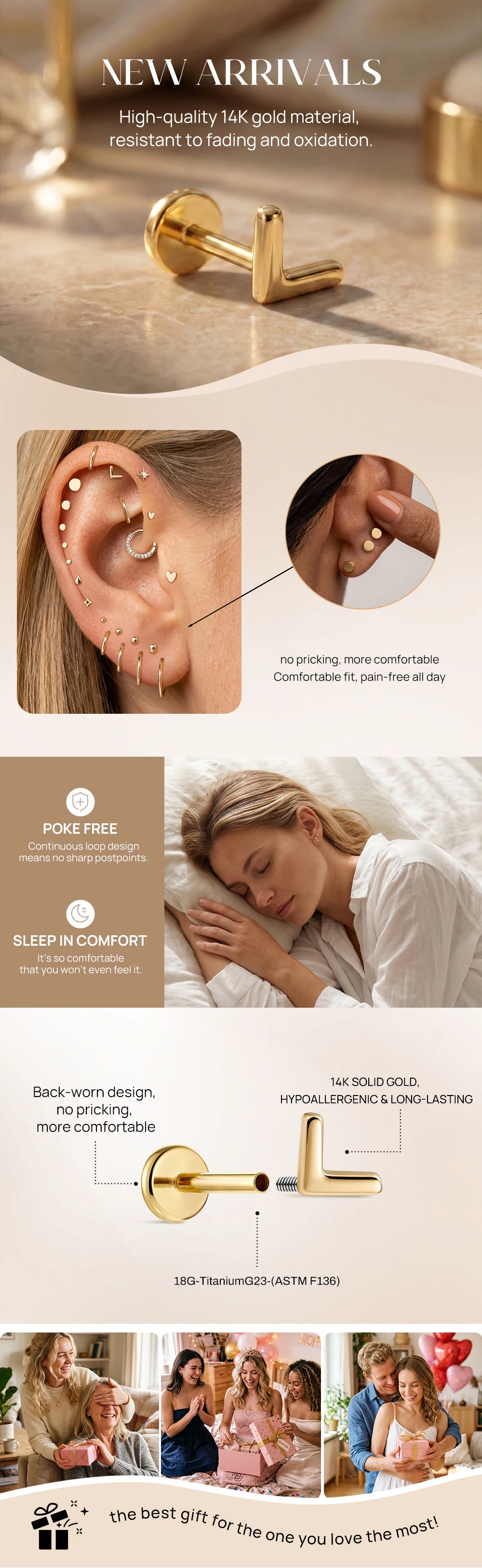 AIDE Mini-Piercing-Ohrringe aus 14-karätigem massivem Gold, glänzend, Herz-/rund-/sternförmig, für Damen, in verschiedenen Größen, klassischer Hochzeits- und Brautschmuck, luxuriöser Schmuck – Detail 21