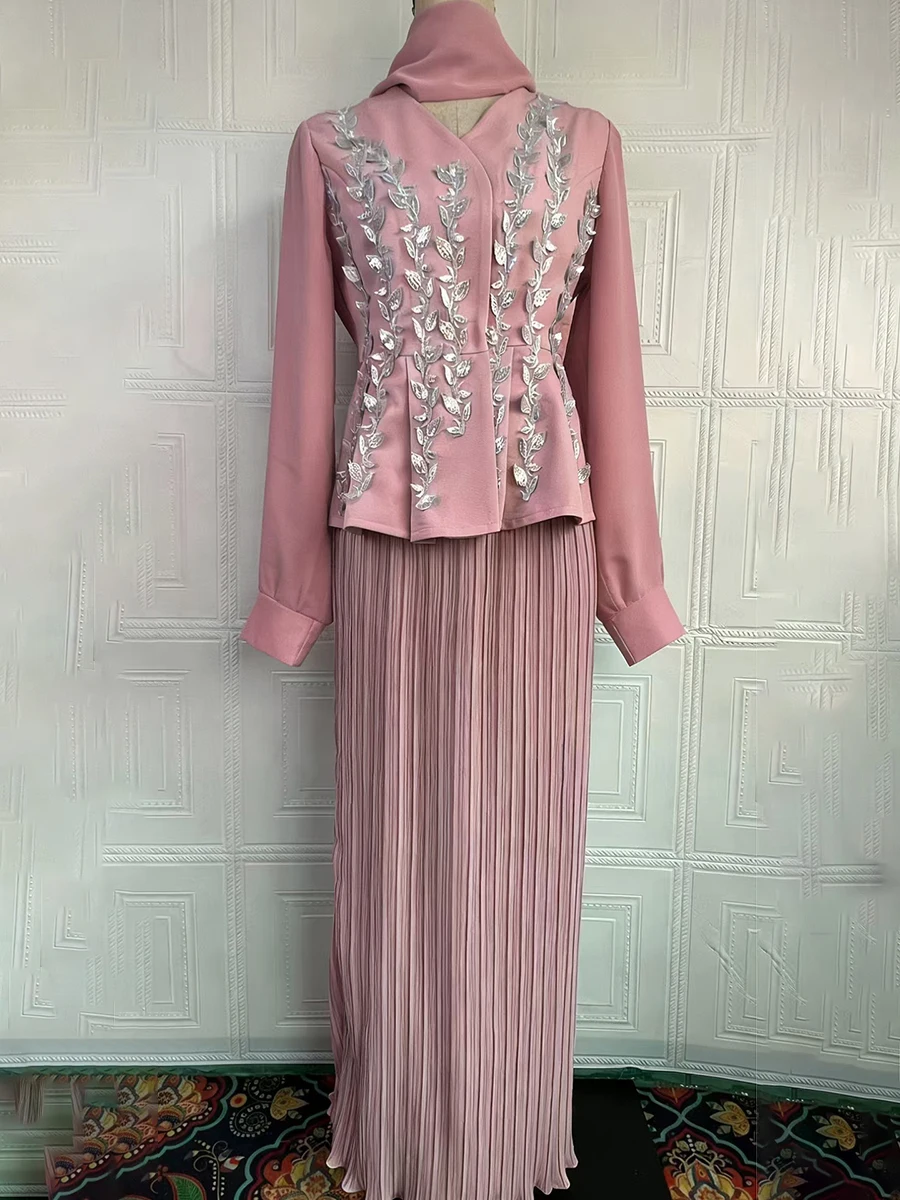 VGH Luxury Blue Two Piece Set for Women V Neck Puff Sleeve Slim Embroidered Peplum Top Pleated Maxi Skirt Suit for Retro Style