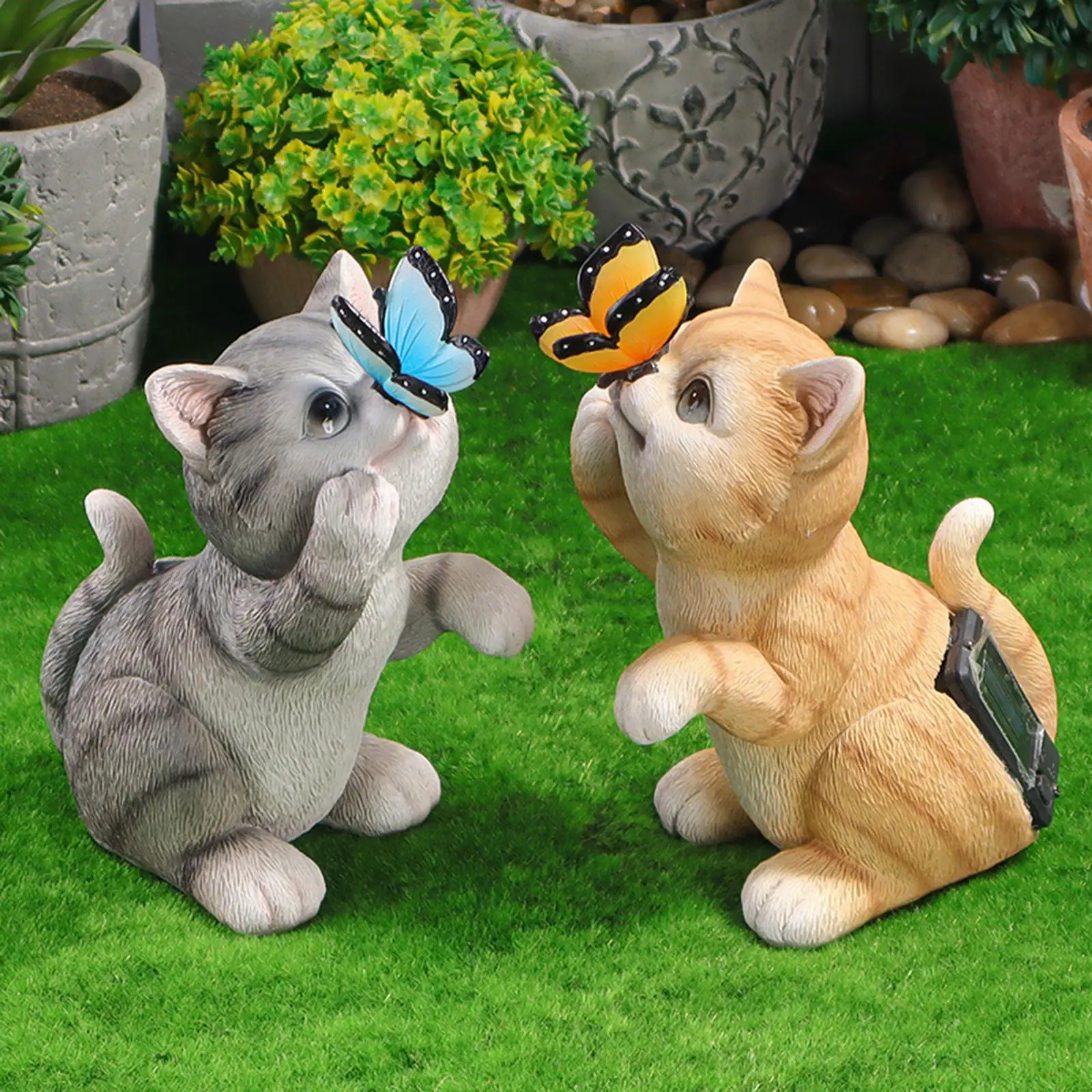 Outdoor Garden Cat Statue Solar Light Decor Resin Kitten Figurine Waterproof Sculpture with Butterfly Ornament for Yard Patio