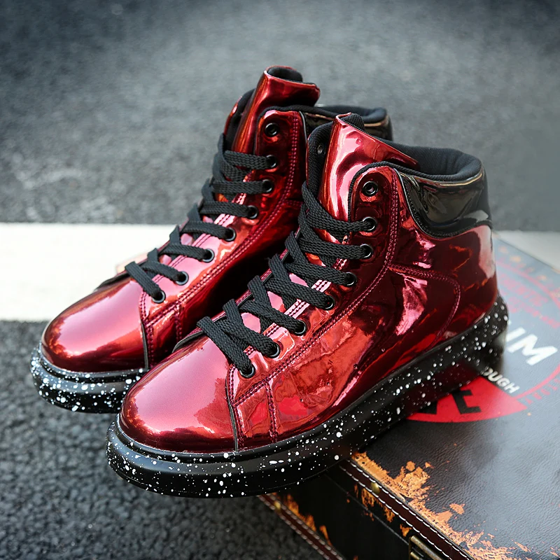 

Luxury Glitter Men's Sports Shoes Patent Leather High Top Sneakers For Men Street Red Hip Hop Designer Shoes Man Casual Sneakers