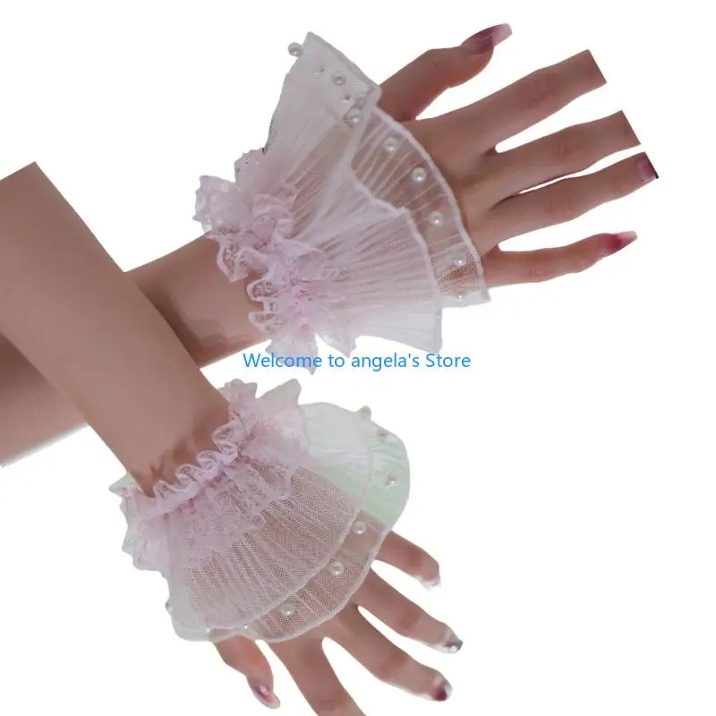 X4YC Fashion Artificial Pearls Cuff Sleeves Sheer Lace Flower Wrist Cuff Sleeves Elastic Wrist Decoration for Women Blouse