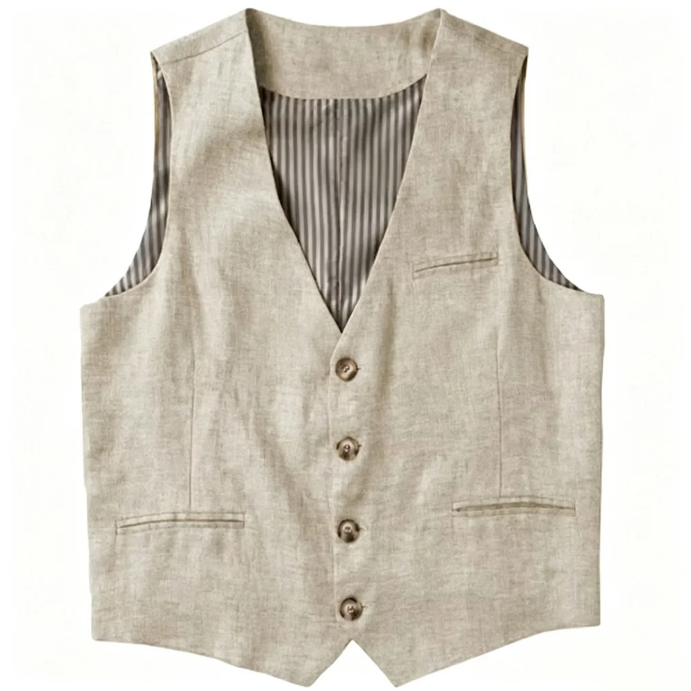 Chaleco de Lino Beige para Hombre, Cuello en V, Verano, Cierre de un Botón, Ligero, Chaleco de Traje para Hombre