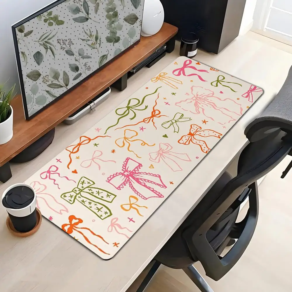 

Эстетический коврик для мыши с милым бантом, резиновые противоскользящие коврики для компьютерного рабочего стола, толстая клавиатура, аксессуары для ПК, дизайн с замком по краям