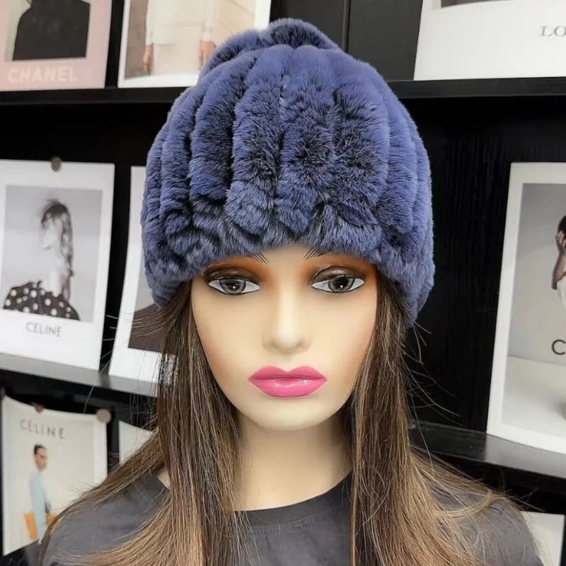 Fashion Women Genuine Rex Rabbit Fur Hat Fluffy Winter Sports Windproof Hat For Ski Skating Cold Weather Outdoor Activity Hat