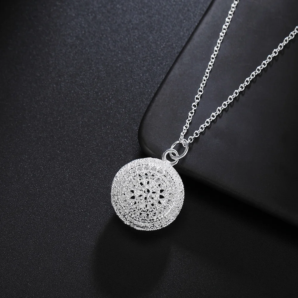 

925 Sterling Silver Fine Chain Simple and Fashionable Jewelry Round Package Hollow Vintage Men and Women's Pendant Necklace