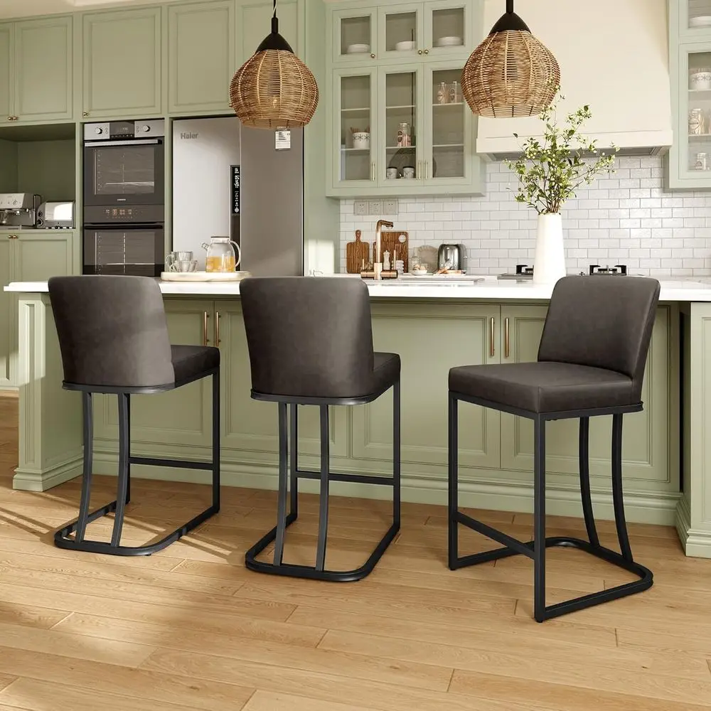 

Set of 3 Grey Upholstered Leather Counter Height Bar Stools, 24 Inch, Supporting 330LBS