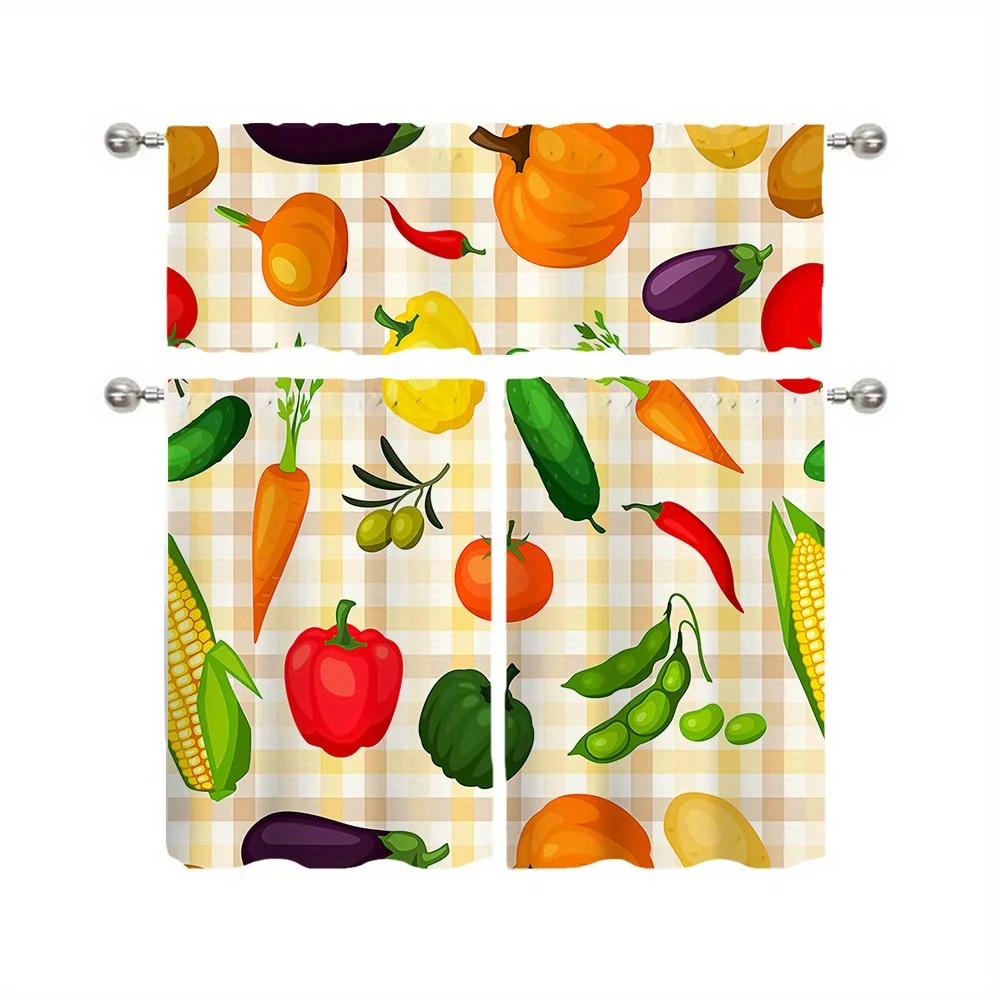  Thanksgiving Farm Plaid Vegetables Curtain, Country Rustic Harvest Veggies Window Treatment for Kitchen Cafe Home