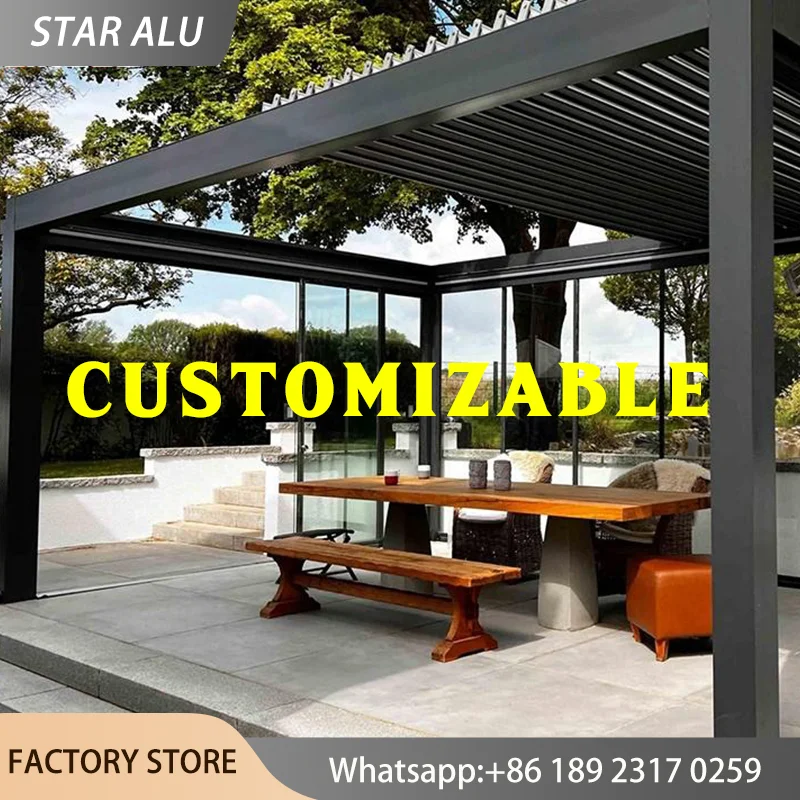 Motorized Aluminum Pergola Gazebo Louvered Roof Heavy Duty Outdoor Patio Shelter Waterproof UV Sunshade Marquee Party Canopy