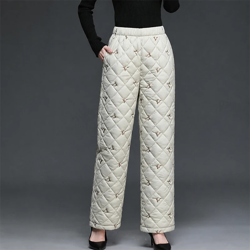 Womens Winter Down Cotton-padded Wide-leg Pants Embroidery Casual Straight Trousers Warm Thicken for Middle Aged Elderly Women