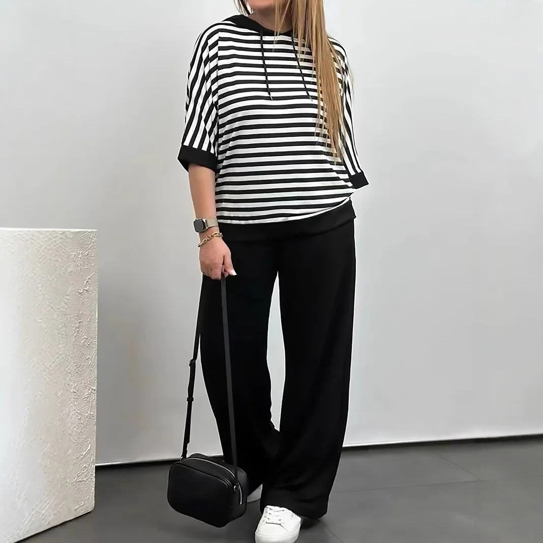 

Женские комплекты брюк, полосатые толстовки с короткими рукавами, пуловер, толстовка, прямые брюки, брюки до щиколотки, 2025 г., повседневные свободные брюки