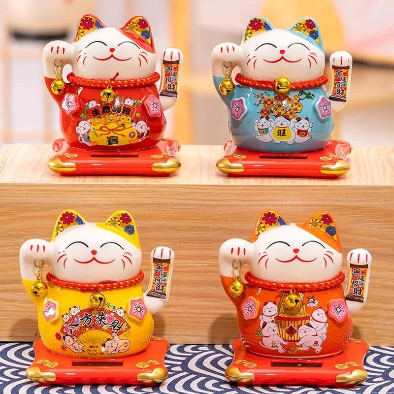 

Solar Ceramic Lucky Cat Figure Home Room Interior Decoration Japanese Mascot Fortune Cat Statue Maneki Neko Car Ornament Decor