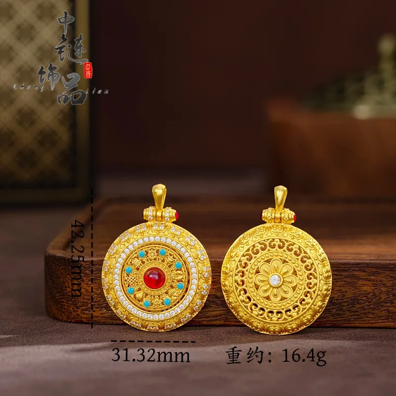 9999 gold diamond-studded rotating eight-symbol compass pendant - New Chinese-style eight-symbol compass necklace