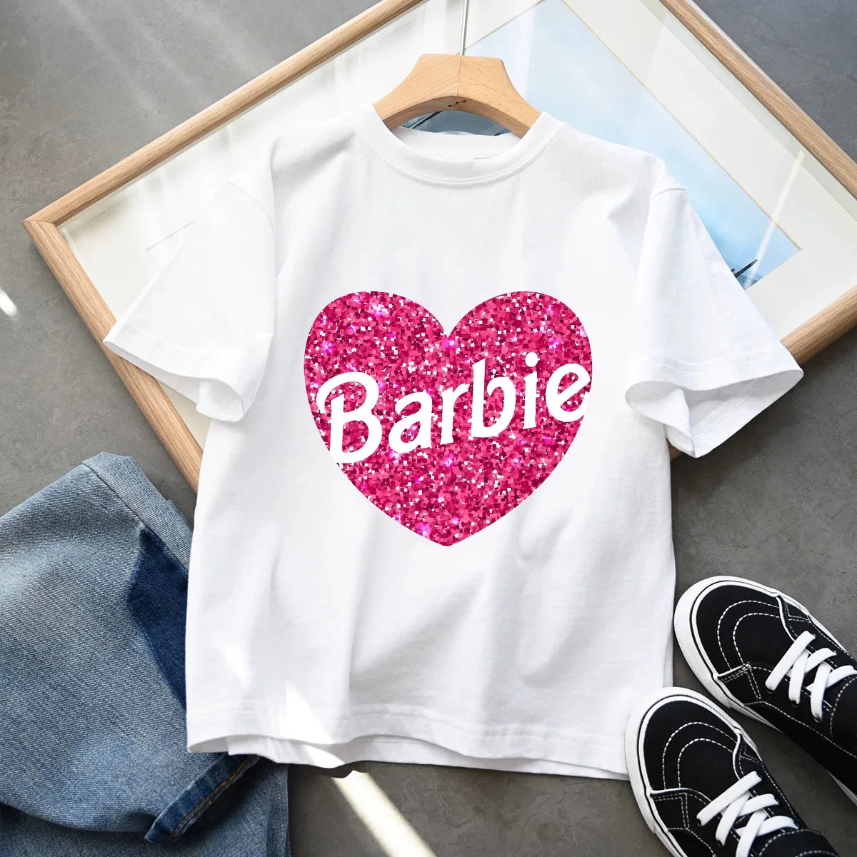 2025 Kawaii Barbie Children Short Sleeves Anime Cartoon Girls Boys Round Neck T-Shirt Soft All-Match Y2K Kids Clothes Streetwear