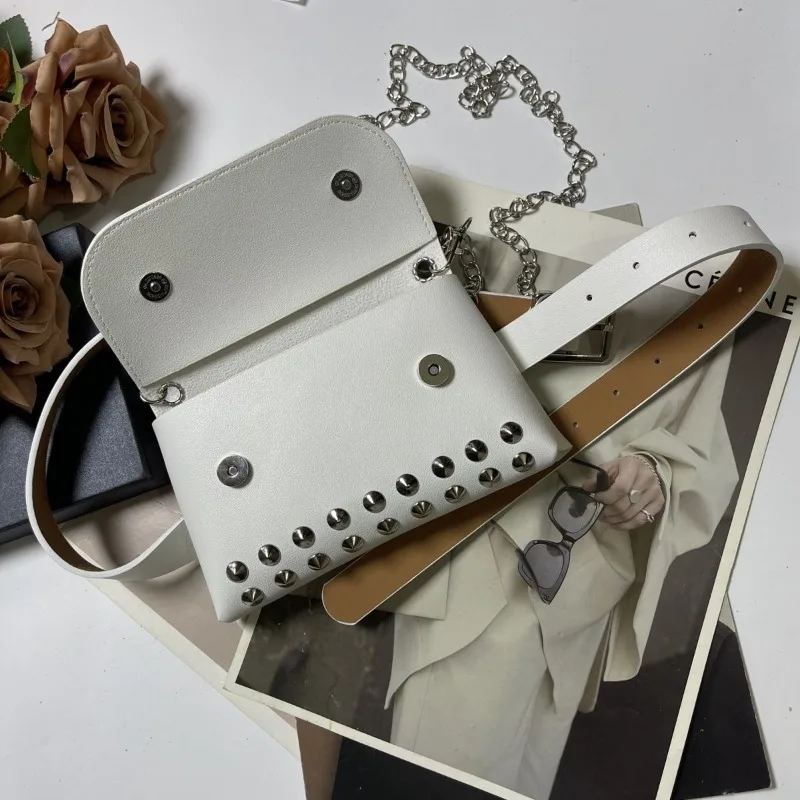 HD Biało-Czarna Nitowana Nowa Saszetka Nerka Pasek 2025 Moda Osobowość Nisza Łańcuszek PU Torba Kurierska i Pasek dla Kobiet Mężczyzn Prezent