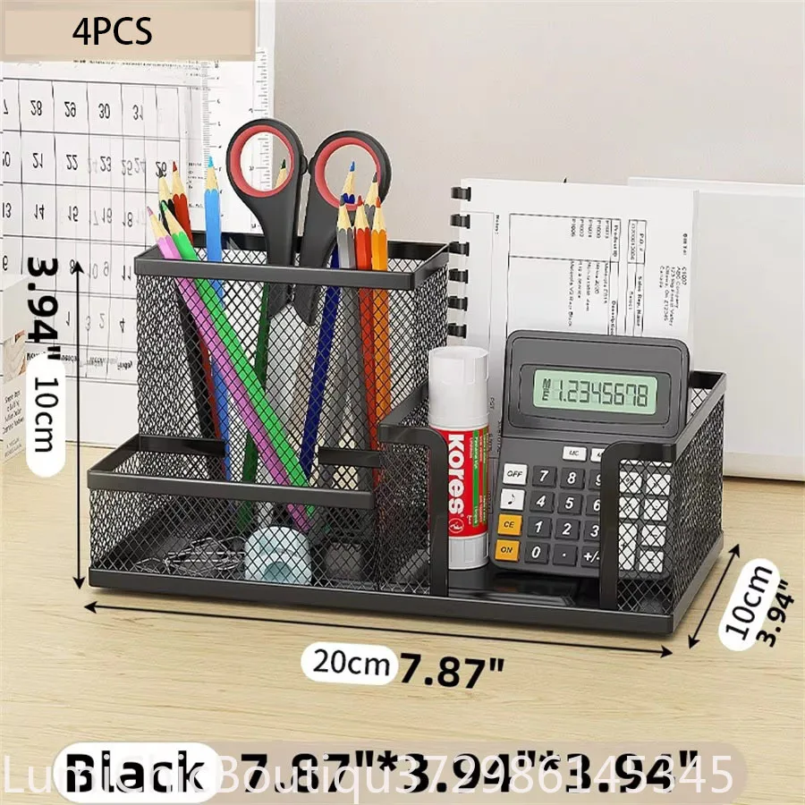 Black Mesh Desk Organizer 3‑Compartments Office Supply Caddy With Pencil Holder Storage Baskets Desktop Accessories Office Workspace Organizer