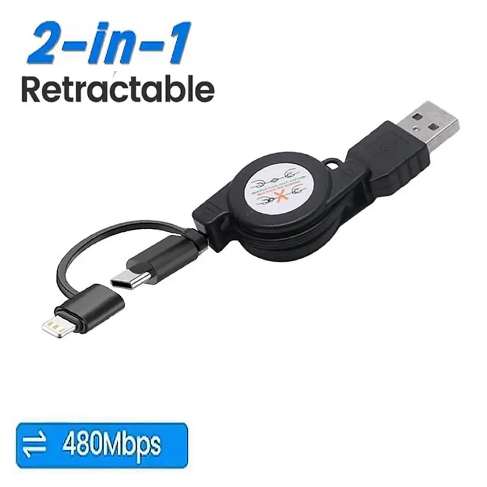 2in1 Portable Telescopic USB To USB C Fast Charging Data Cable Retractable Type-C Charging Cord For iPhone Android Smart Phone
