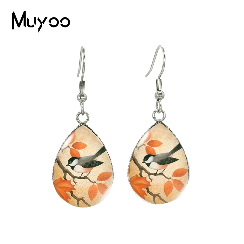 2023 New Flower Birds Tear drop Earring Robin Art Fish hook Earrings Glass Dome Jewelry Handmade Items