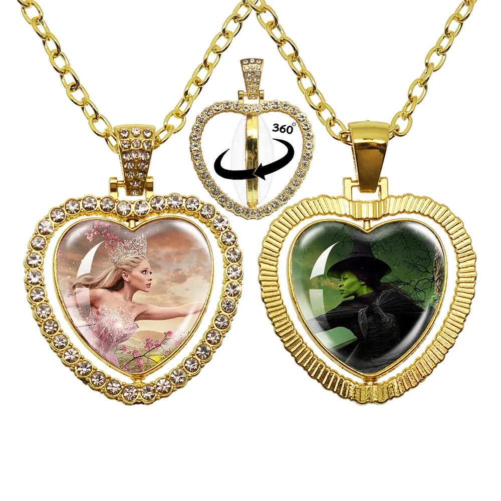 HOT Movie Wicked Glinda Elphaba Double Sided Peach Heart Rotating Musical Play Poster photo Pendant Necklace Jewelry Gifts