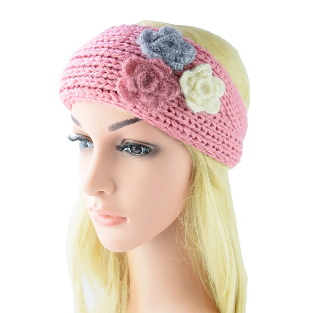 Elegant Sweet Three Flowers Wool Knitting Headband With Button Women Knit Hair Bands Wide Turban Hair Accessories Headdress