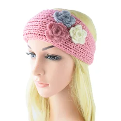 Elegant Sweet Three Flowers Wool Knitting Headband With Button Women Knit Hair Bands Wide Turban Hair Accessories Headdress