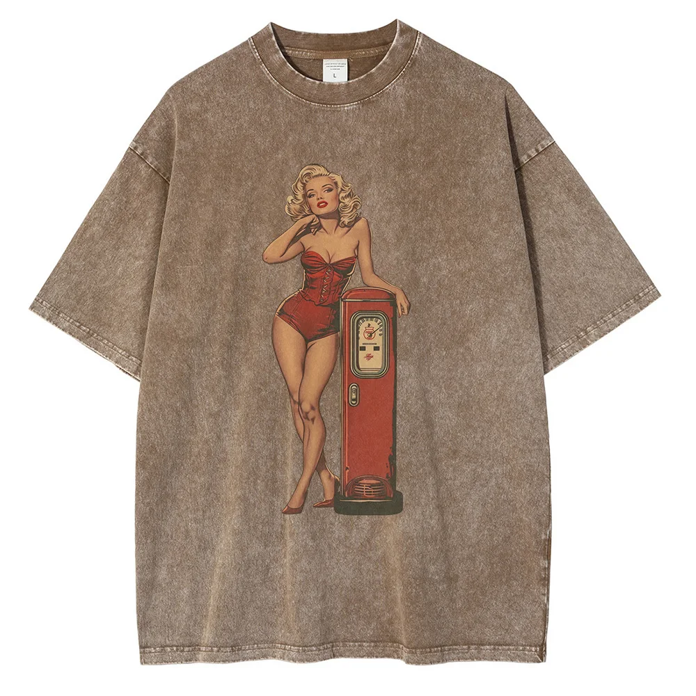 Heavyweight Cotton Distressed Washed T Shirts Monroe Posing At A Gas Station Comic Graphic T-shirts Vintage Oversized Tee Shirt