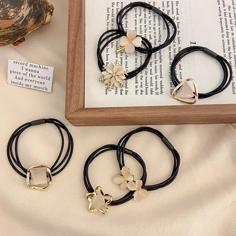 Opal Metal Elegant Hair Tie Rope Four-Leaf Clover Snowflake Star Elastic Hair Rubber Band Ponytail Holder For Women Girls