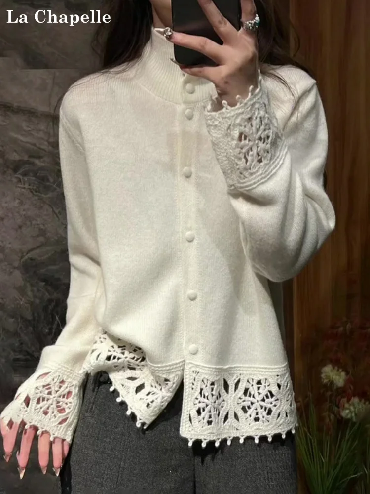 

Женский вязаный кардиган La Chapelle с вышивкой и ажурными элементами, белый, для весны, осени и зимы, с изысканной отделкой, на пуговицах