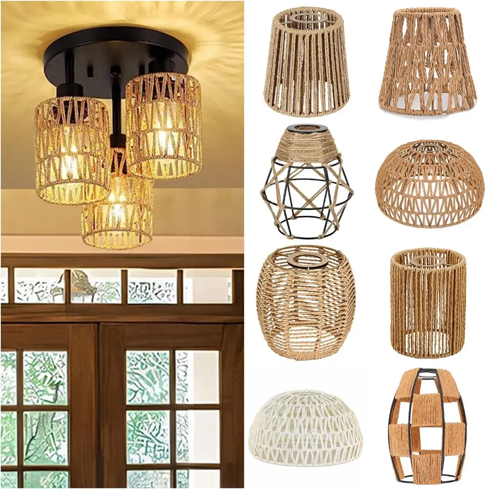 Weaving Design Woven Lampshade Vintage Style Light Fixture Vintage Lampshade Hanging Cane Inspired Light Fixture Home Decoration