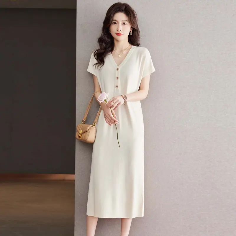 

Fashion V Neck Ice Silk Ladies Dresses Summer New Short Sleeve Button Solid Color Loose Midi Dress Elegant Casual Women Clothing