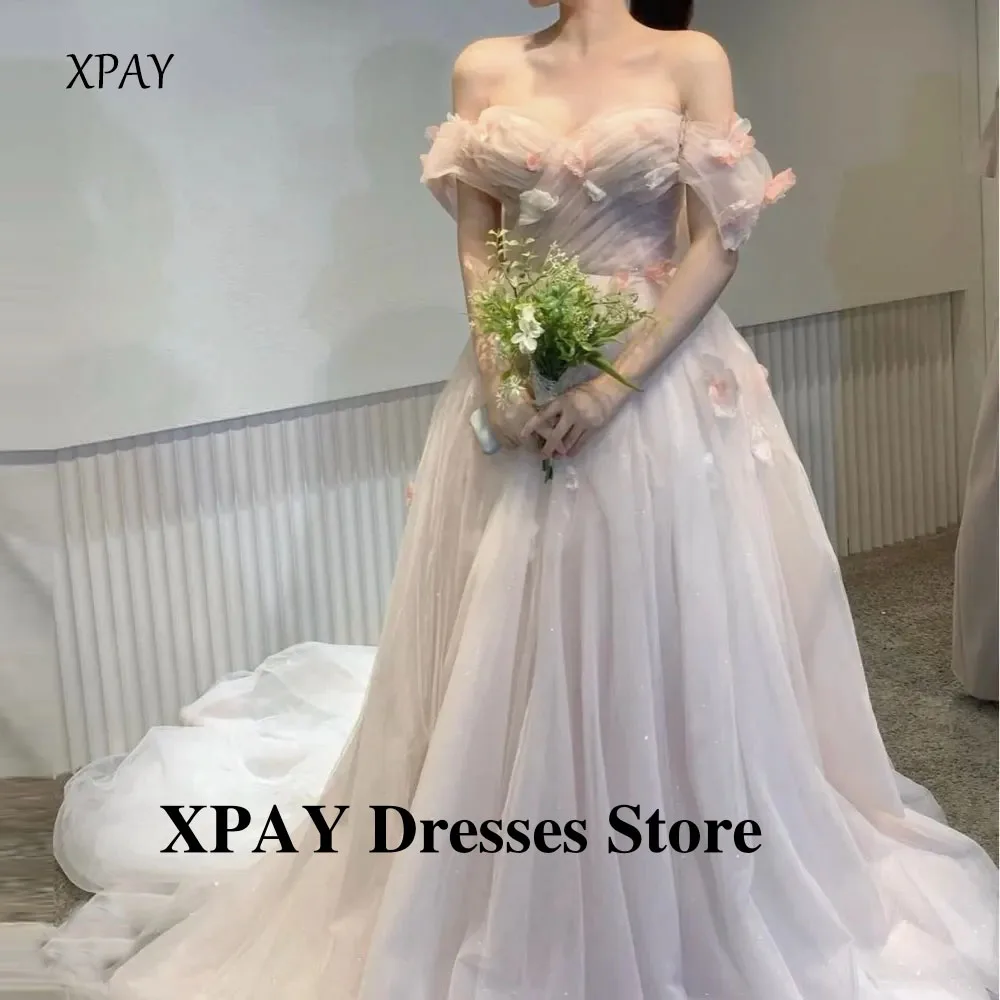 

XPAY Сладкие светло-розовые свадебные платья Корея Фотосессия с открытыми плечами и короткими рукавами Свадебные платья Формальная вечеринка Вечер по индивидуальному заказу