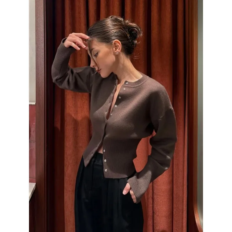 

Осенний модный вязаный кардиган-топ для женщин: укороченный, облегающий, повседневный, с ребристой отделкой и вставками, вязаный кардиган-топ для женщин