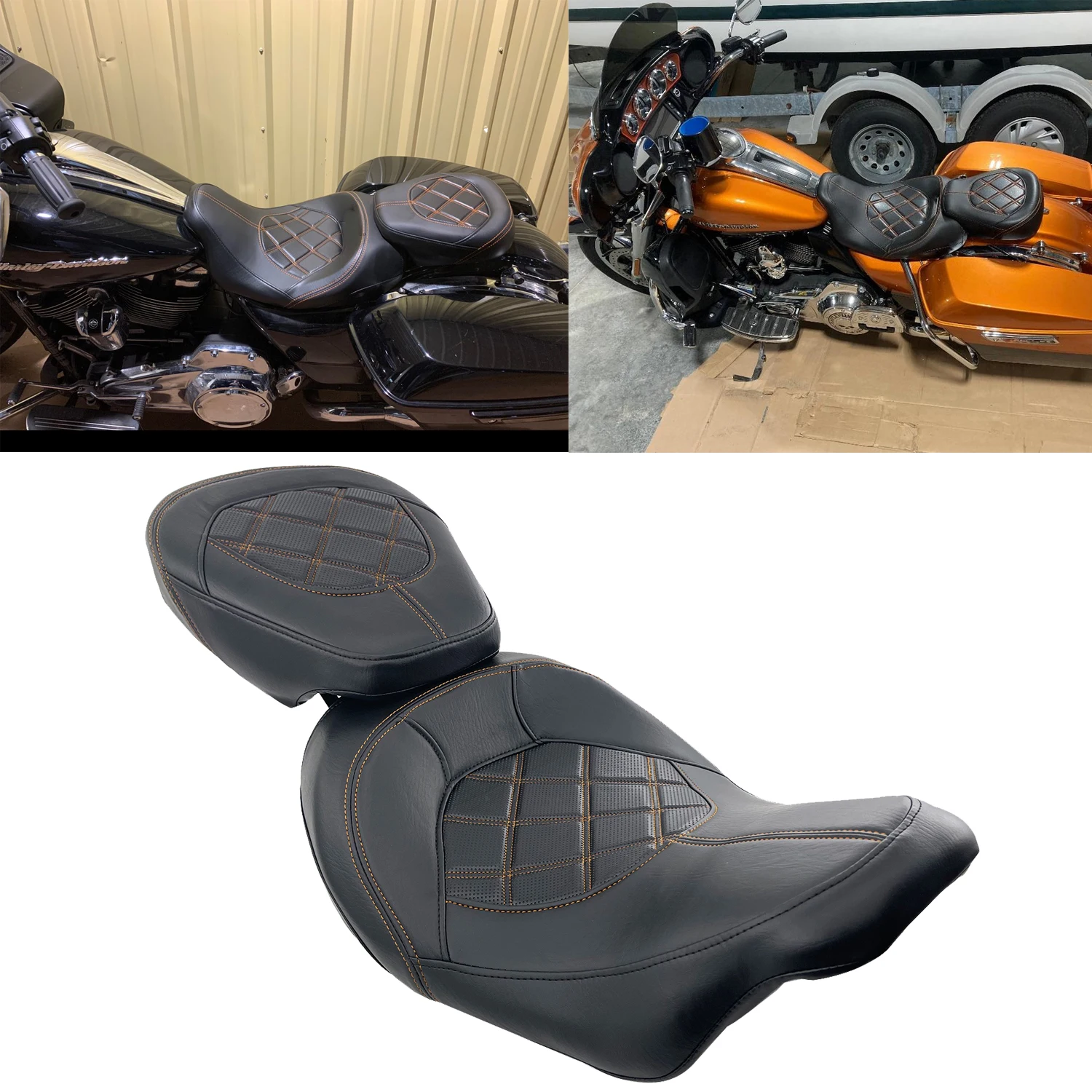 Orange Diamond-Shaped Low-Profile Passenger Rider Driver Pillion Seat For Harley Touring CVO Street Glide Road King 2009-2021