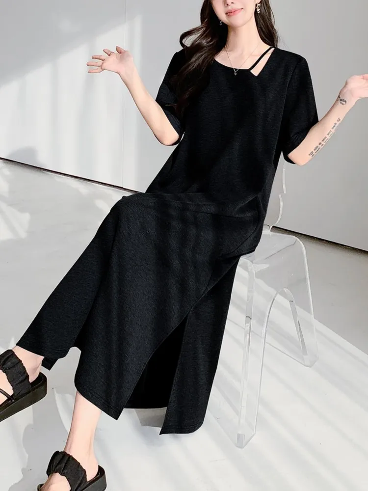 Summer Oversize Solid Loose T Shirt Dress Women Korean Loose V-Neck Short Sleeve Casual Straight Ladies Dresses Female Vestidos