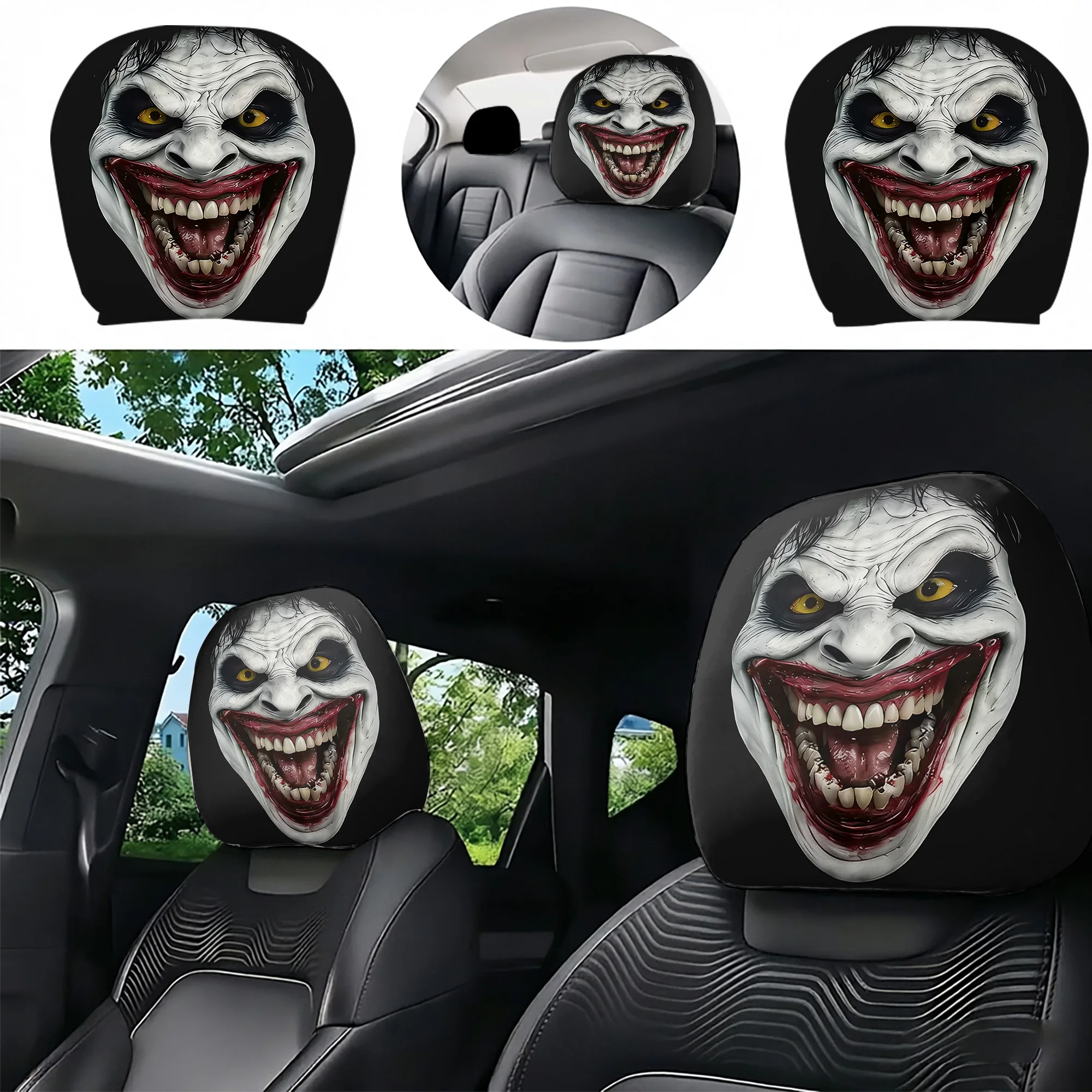 2pcs car headrest covers featuring a scary clown design, adding a bold and edgy style to your car. Does not include filling. Eas