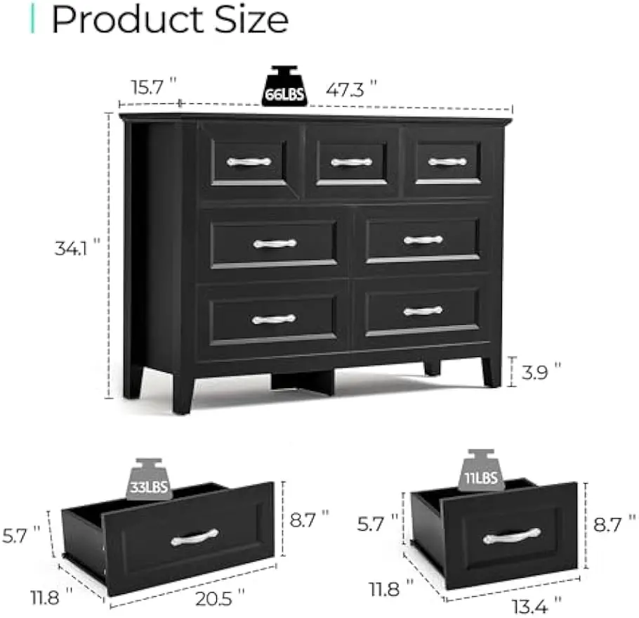 LINSY HOME 7 Drawers Dresser for Bedroom,Wood Bedroom Dresser Farmhouse Drawer Chest, 7 Chest of Drawer, Tall Dresser for Closet