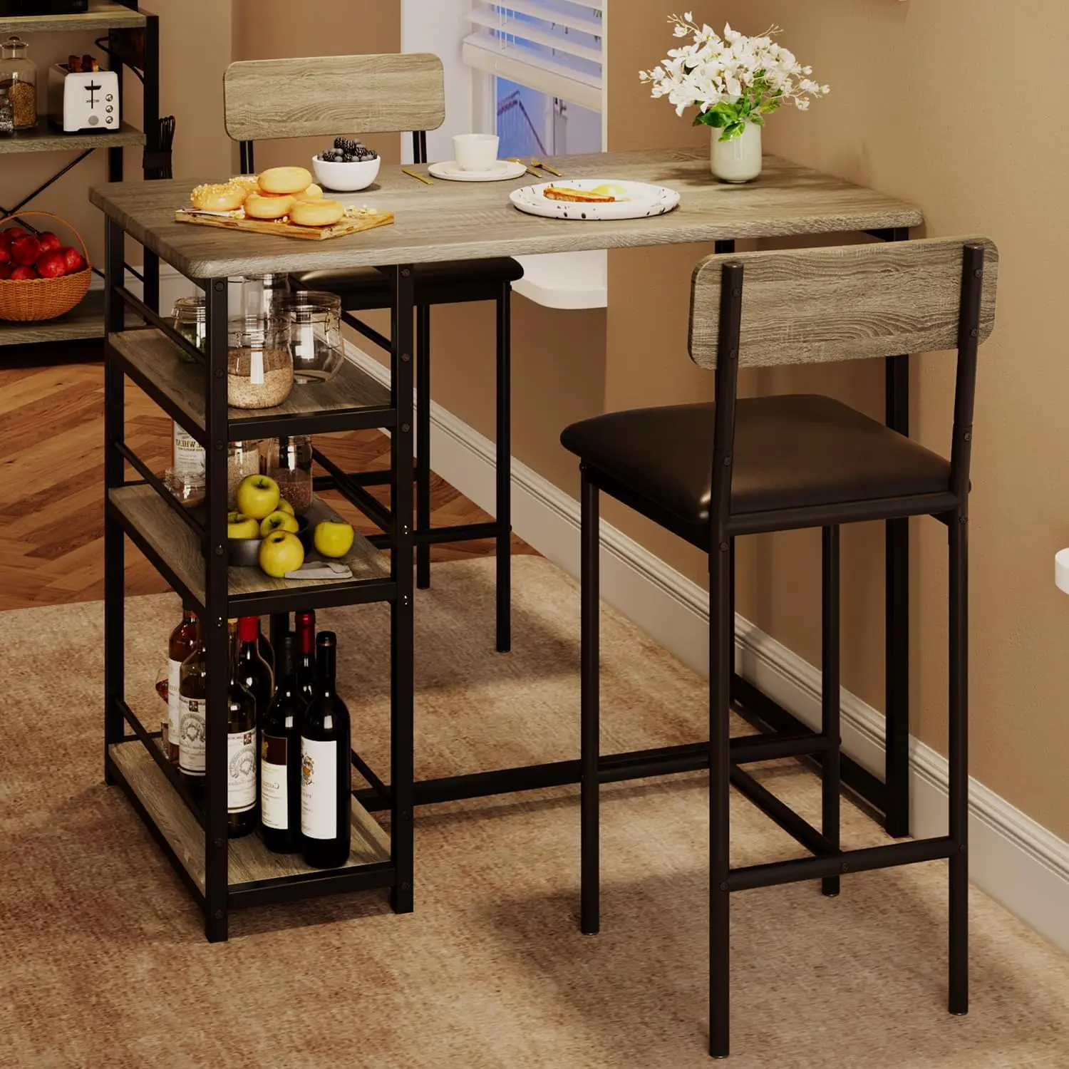 Dining Table Set for 2, Kitchen Table and Chairs for 2 with Upholstered Chairs, 3 Piece Counter Height Bar Kitchen Table Set wit