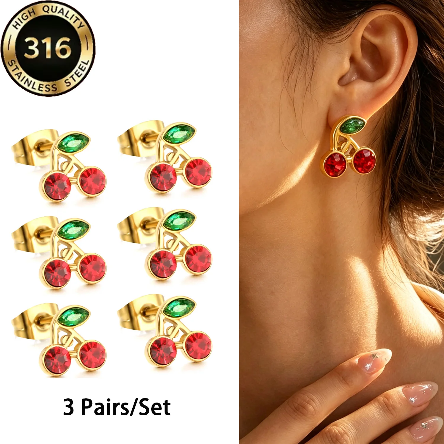 3 Pairs/Set 316L Stainless Steel Cherry Earrings with 18k Gold Plating, Fashionable Studs, Romantic and Cute Jewelry for Women