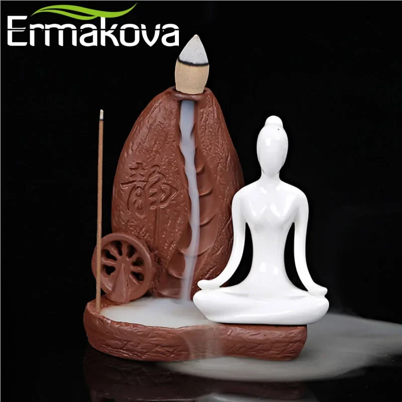 

Керамическая курильница ERMAKOVA с обратным потоком, курильница для йоги для девочек, конусы для благовоний, полотенце, держатель для ароматических палочек, домашний декор для йоги и студии