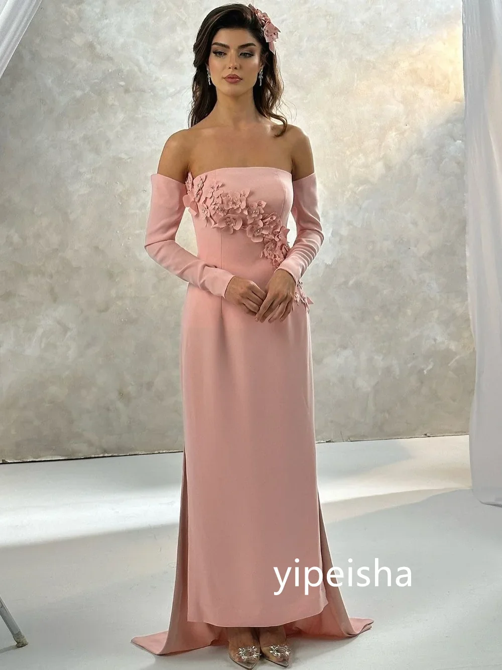 Customized Exquisite Jersey Pleat Applique Straight Off-the-shoulder Midi Dresses Prom Dresses Sparkle Elegant Modern Style Clas