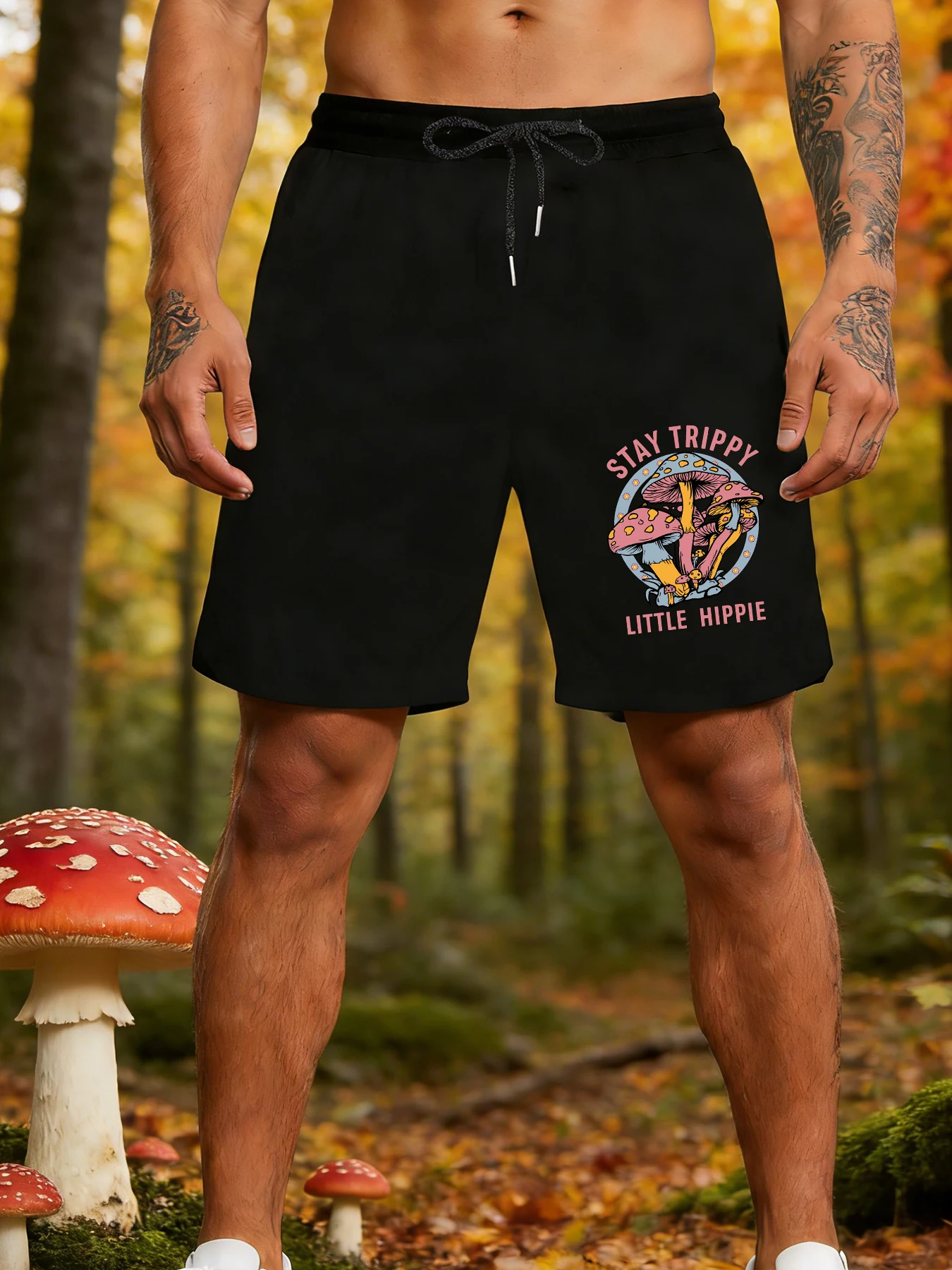 

Stay Trippy Mushroom Print Men'S Gym Shorts Drawstring Beach Pant Summer Casual Pants Unisex Oversized Wide Leg Sportswear