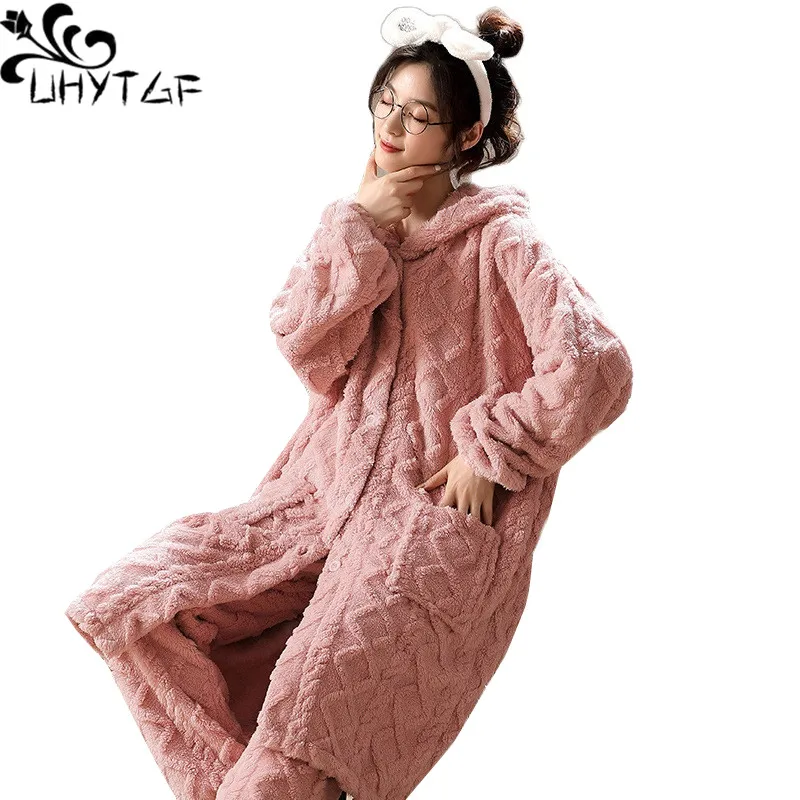 

UHYTGF 2022 Pajamas Women's Hooded Home Clothes Winter Two-Piece Sets Female Nightgown Flannel Casual Warm Sleepwear Ladies 2537